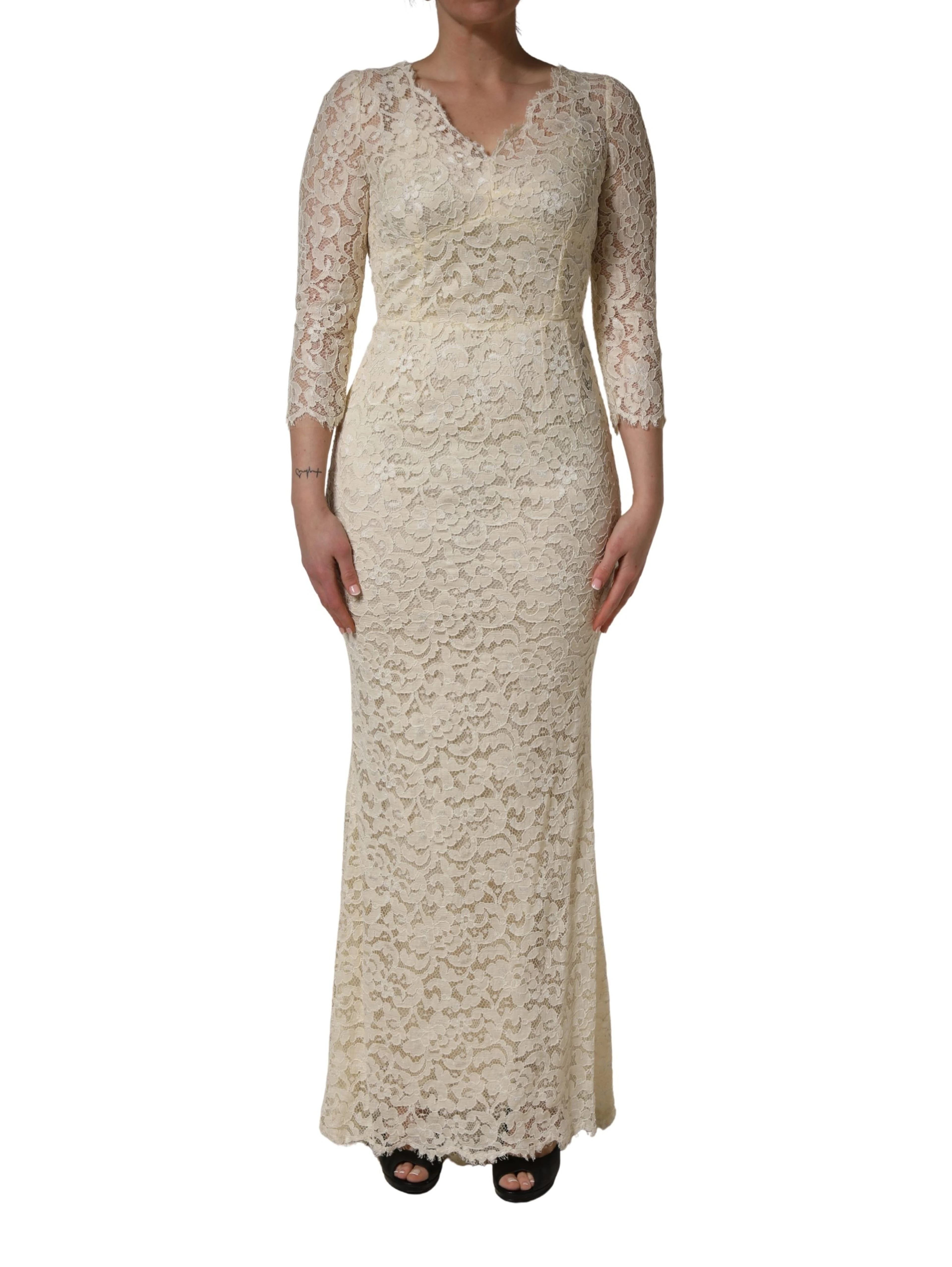 Off White Floral Lace Sheath Maxi Dress