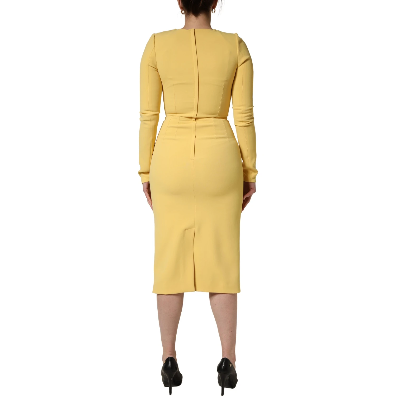 Yellow Silk Long Sleeves Sheath Midi Dress