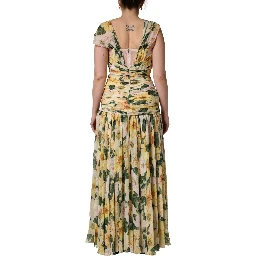 Yellow Silk Floral Print Pleated Maxi Dress