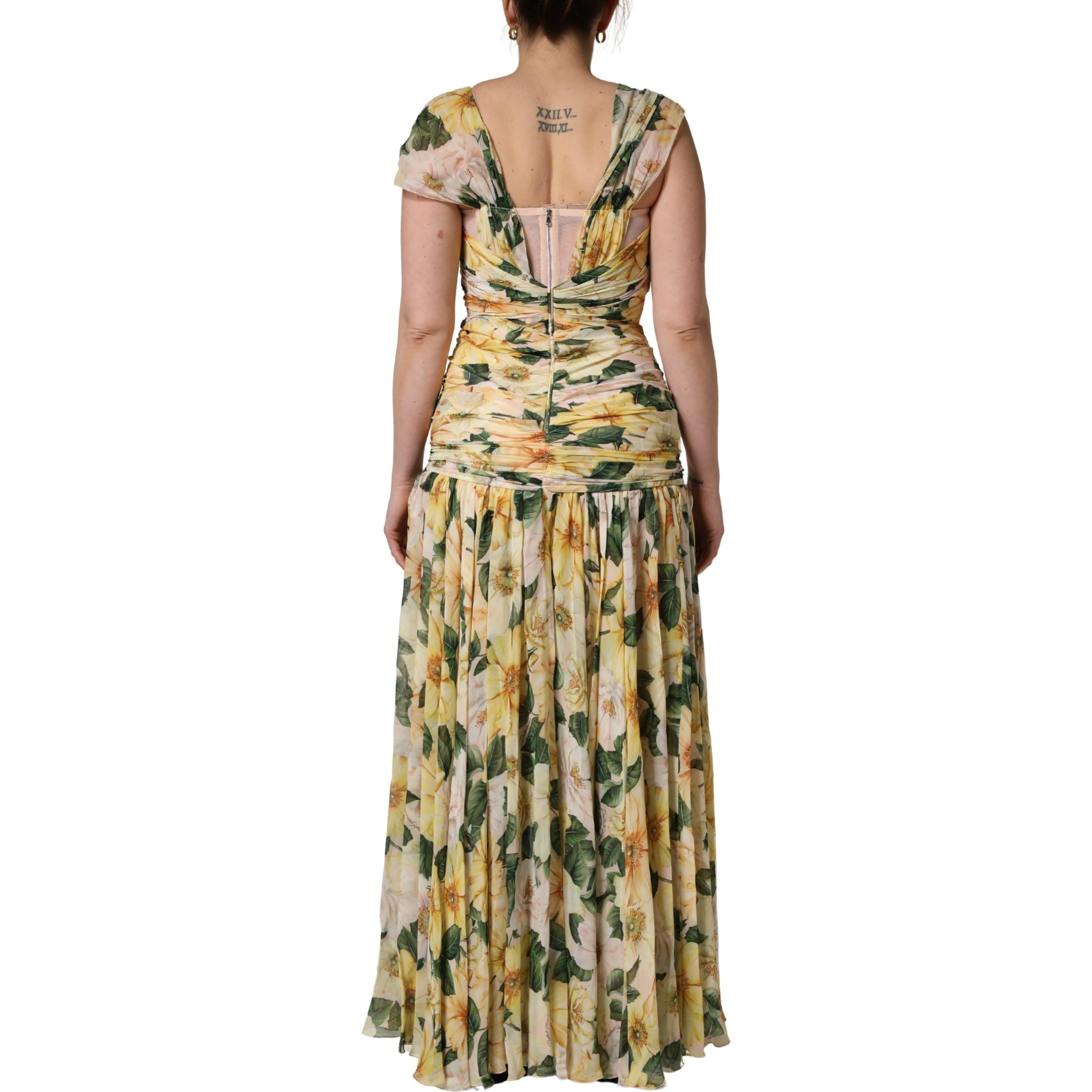 Yellow Silk Floral Print Pleated Maxi Dress