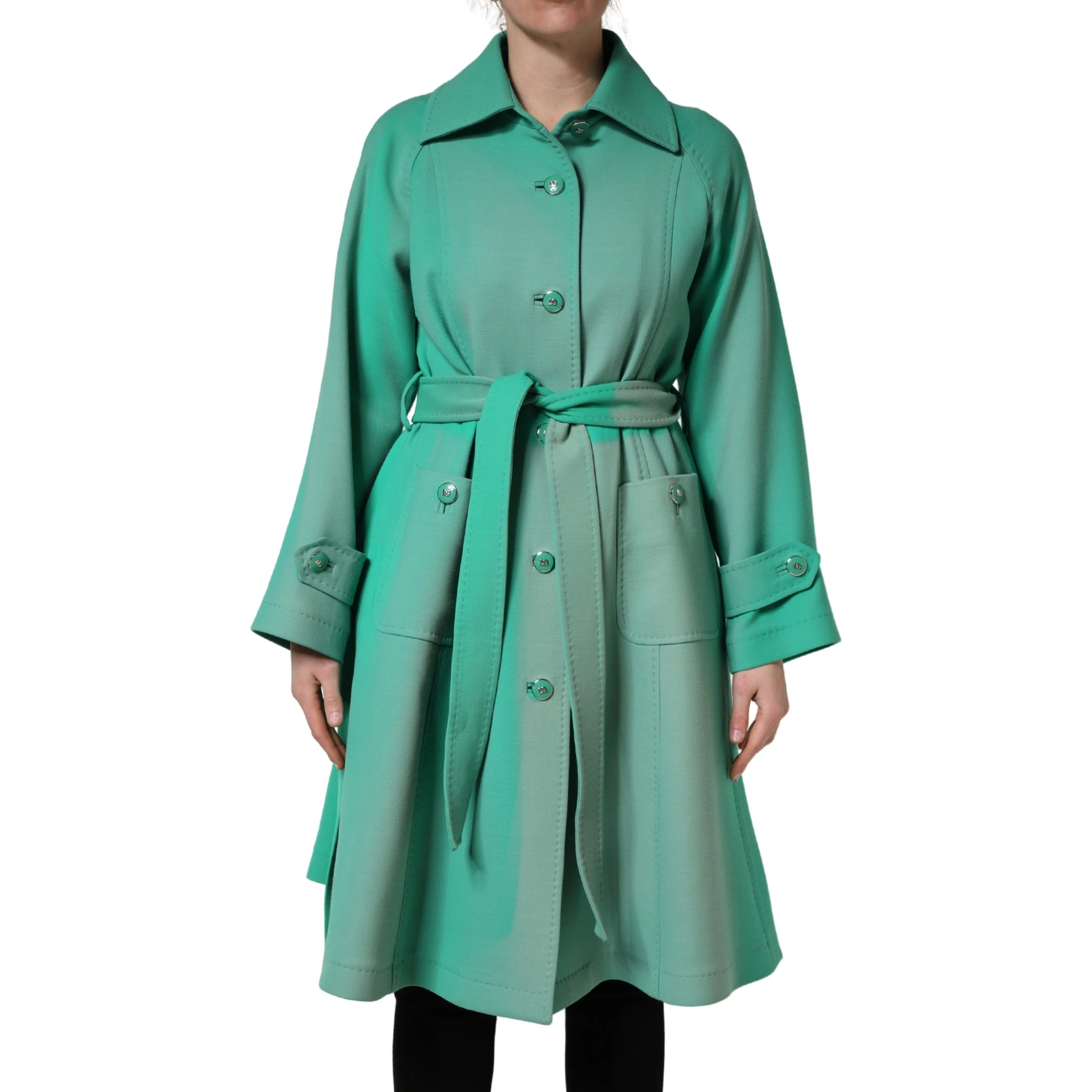 Green Buttoned Down Belt Trench Coat Jacket