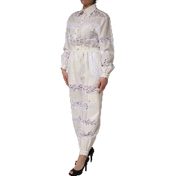 White Cotton Lace Trim Long Sleeves Jumpsuit
