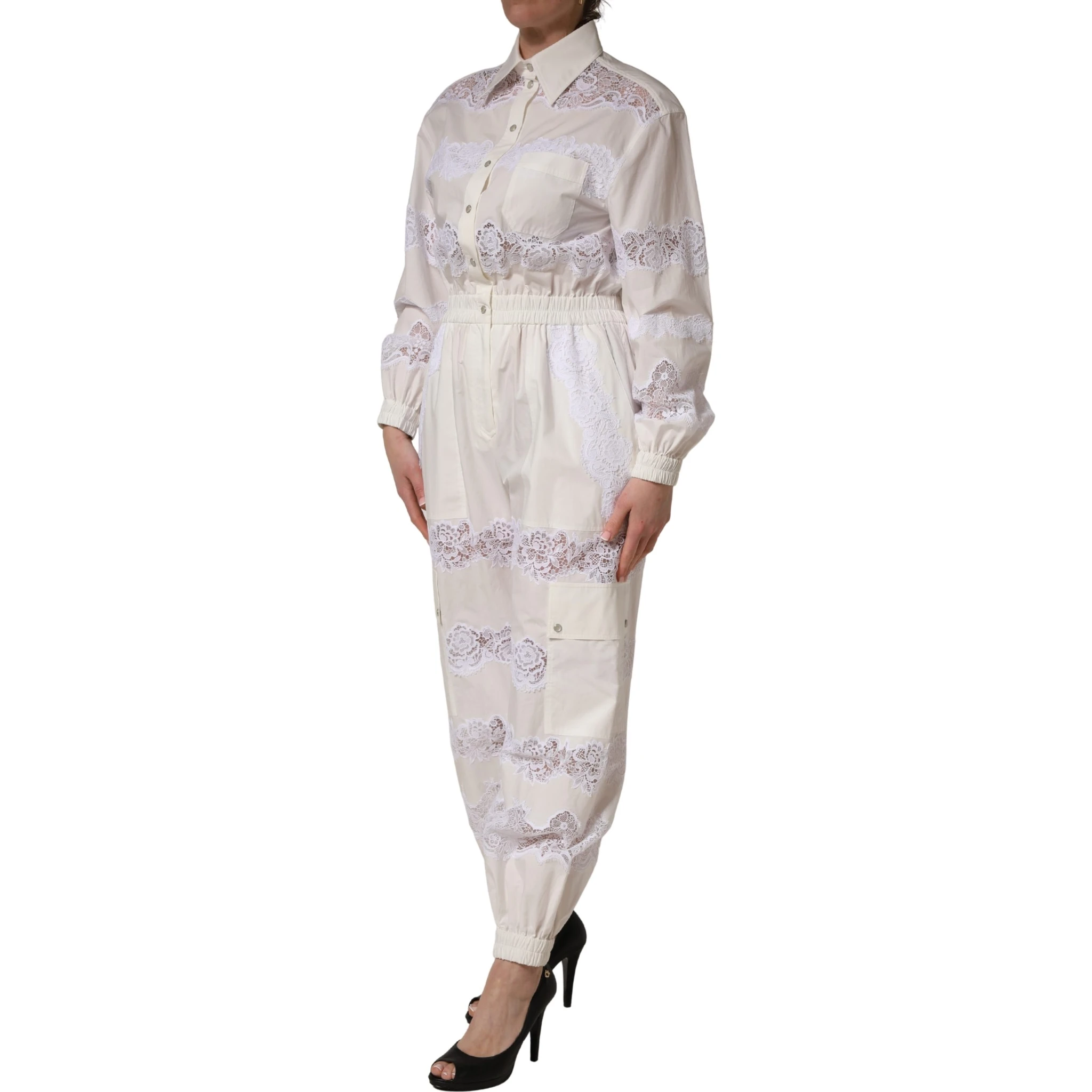 White Cotton Lace Trim Long Sleeves Jumpsuit