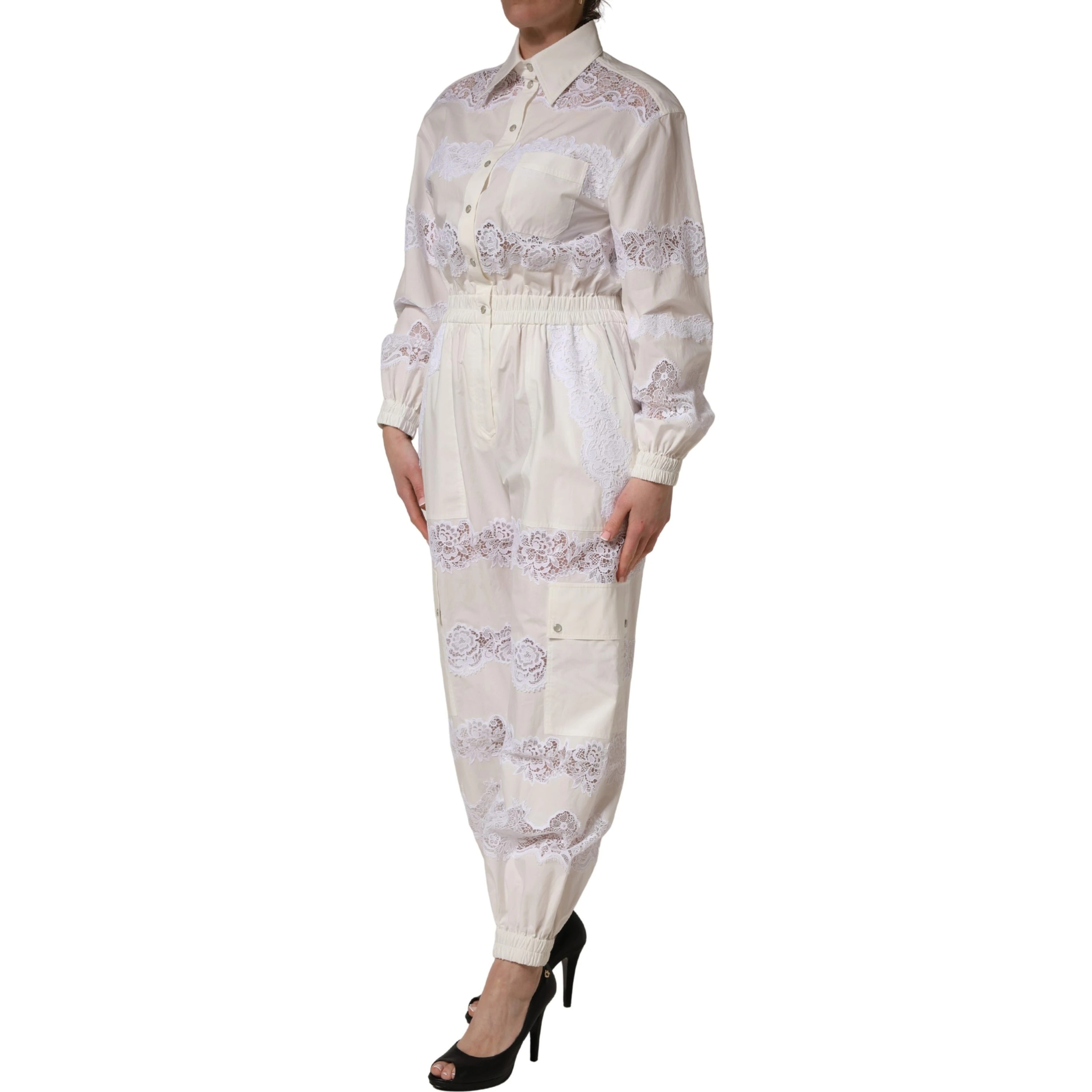 White Cotton Lace Trim Long Sleeves Jumpsuit