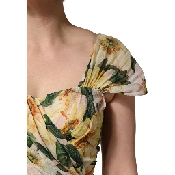 Yellow Silk Floral Print Pleated Maxi Dress