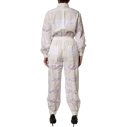 White Cotton Lace Trim Long Sleeves Jumpsuit