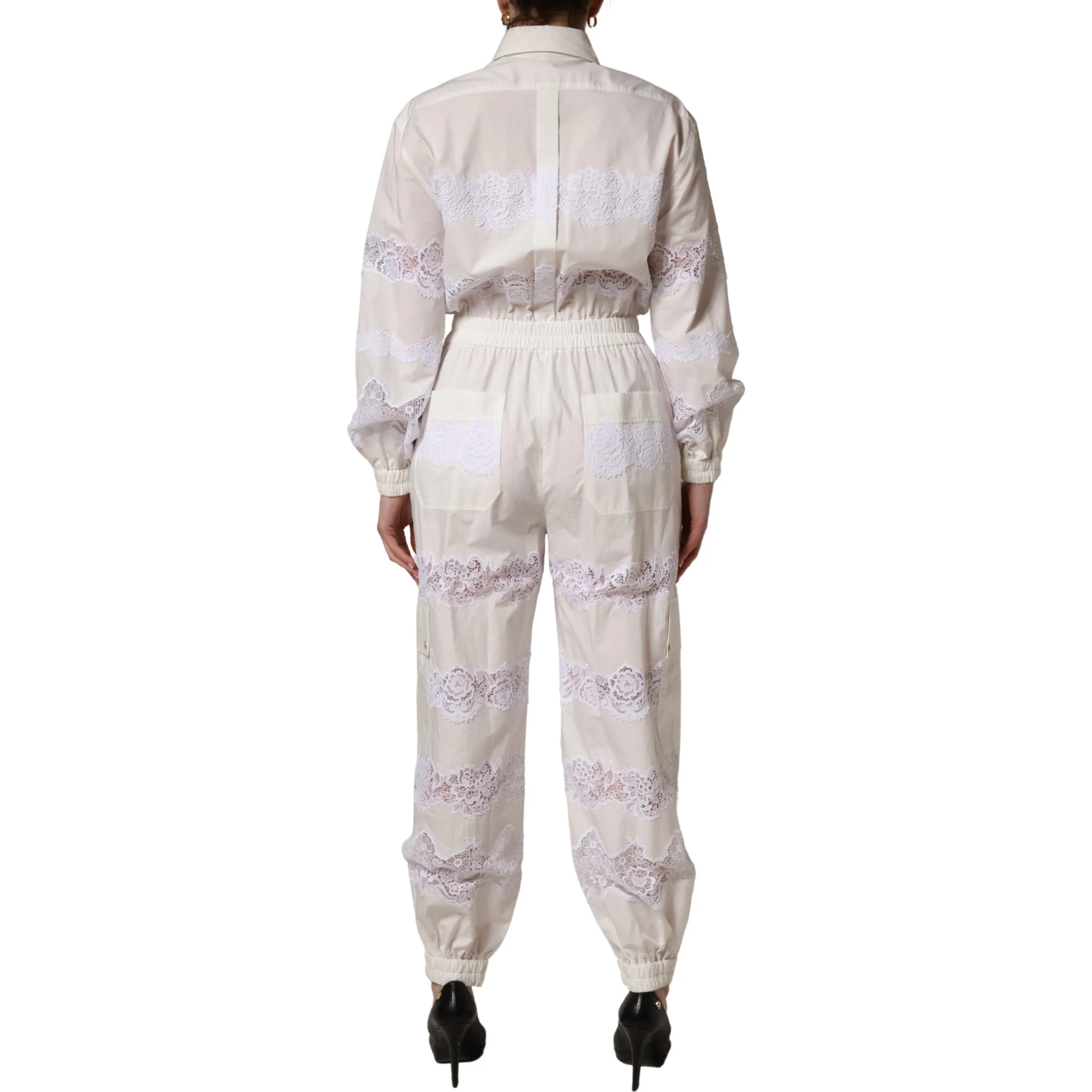 White Cotton Lace Trim Long Sleeves Jumpsuit