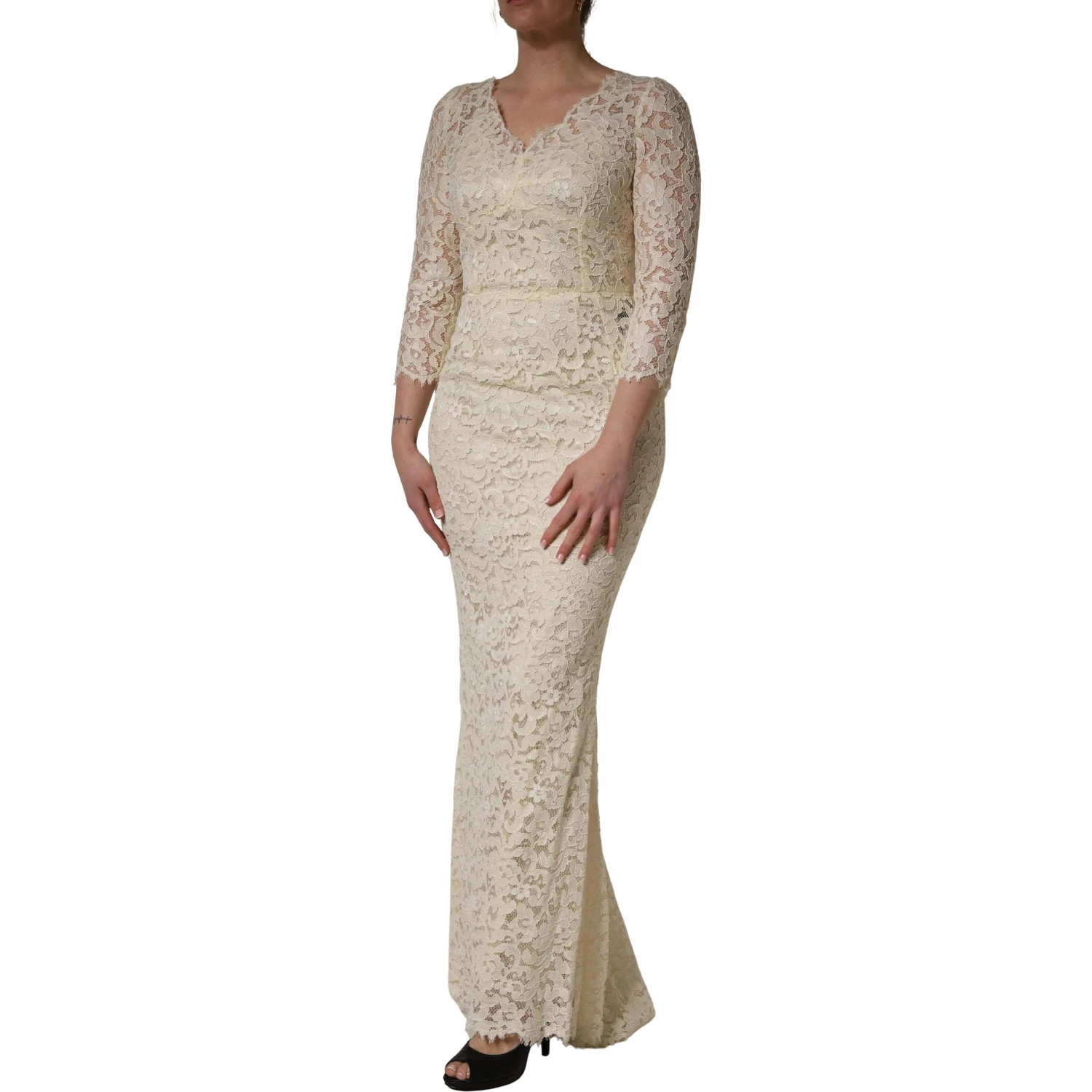 Off White Floral Lace Sheath Maxi Dress