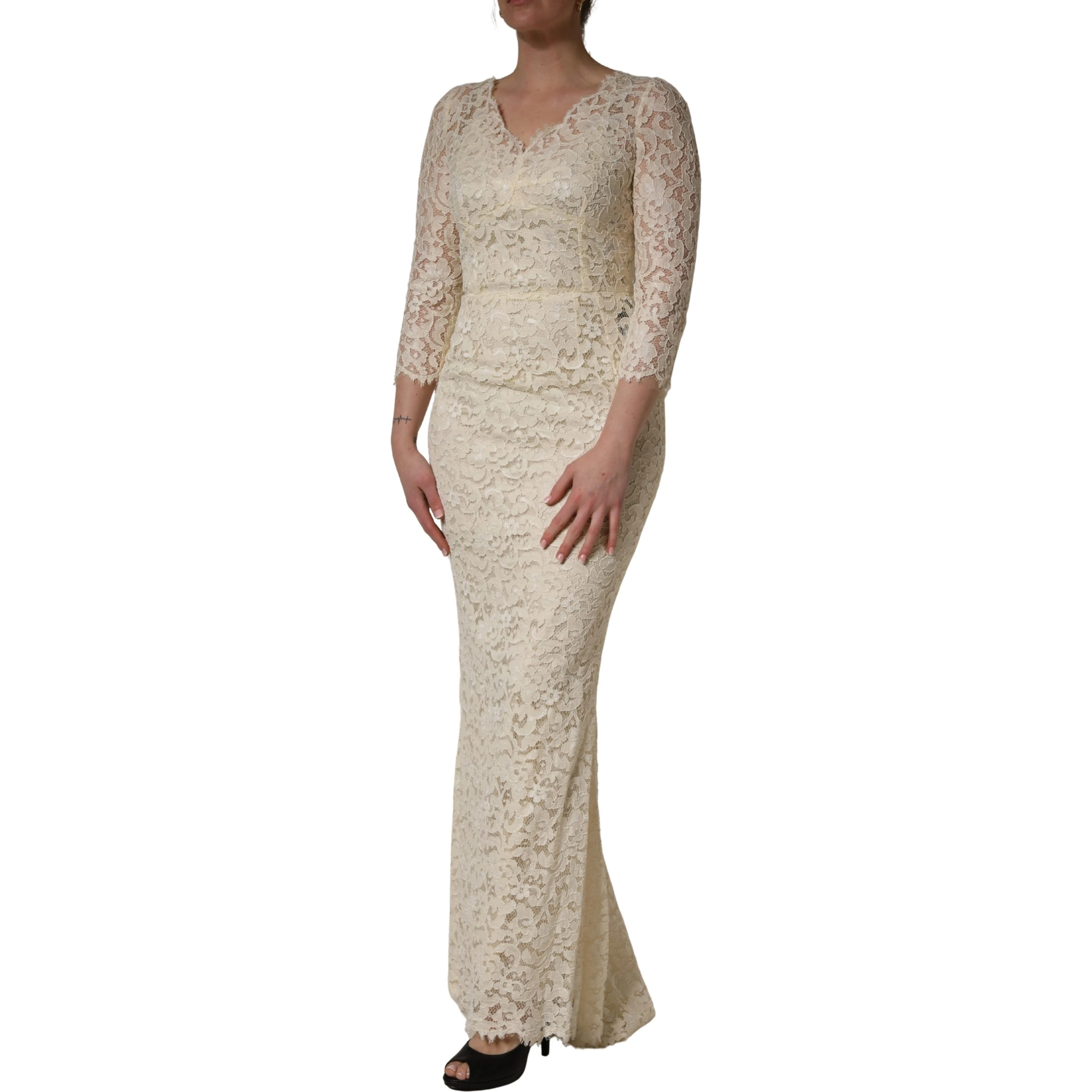 Off White Floral Lace Sheath Maxi Dress