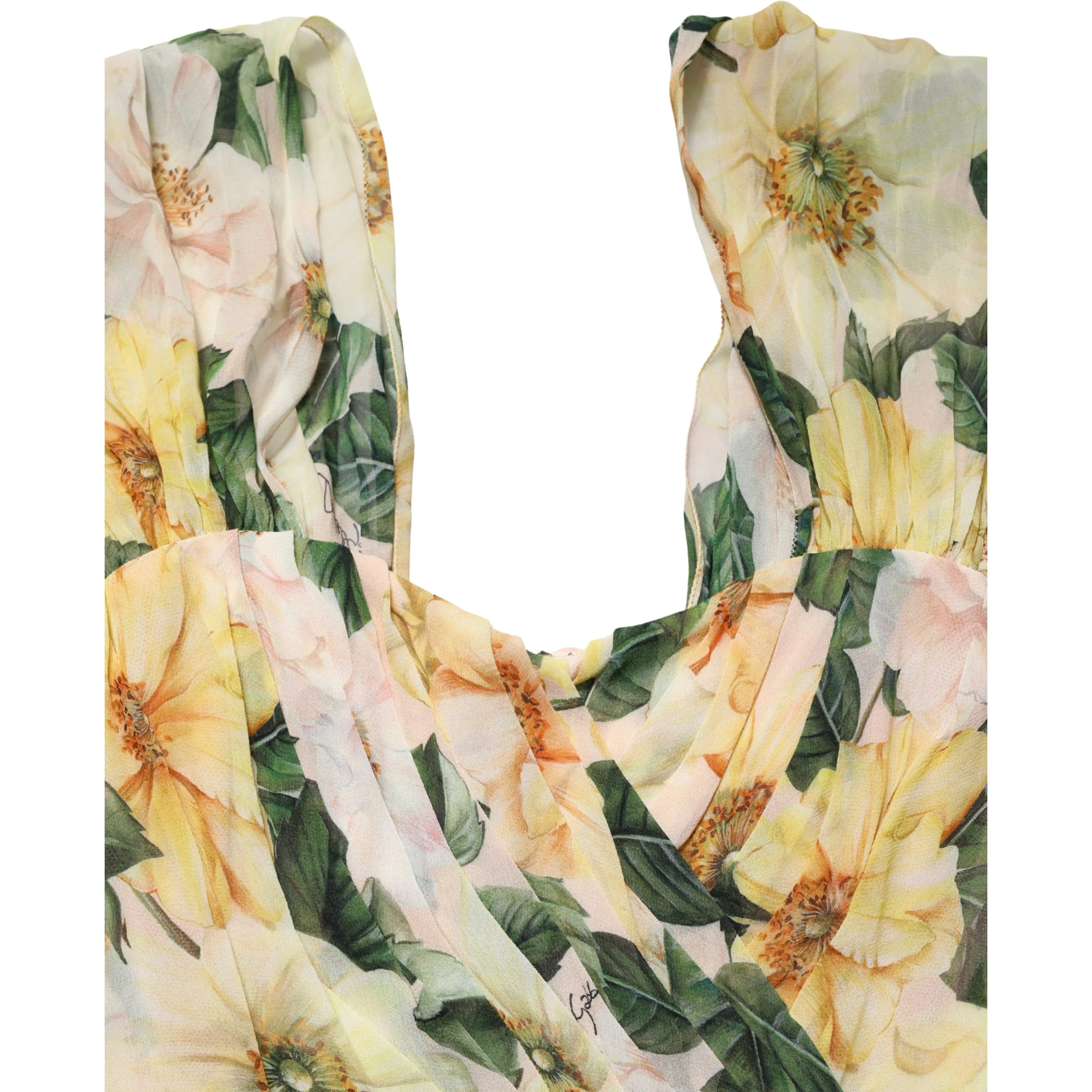 Yellow Silk Floral Print Pleated Maxi Dress