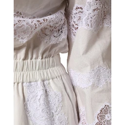 White Cotton Lace Trim Long Sleeves Jumpsuit