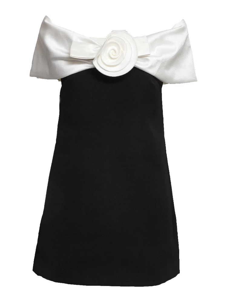 Black Crepe Flower Mini Dress