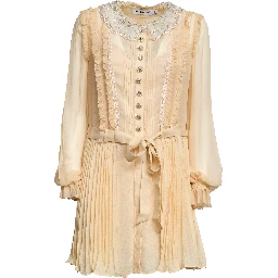 Tan Pleated Georgette Mini Dress