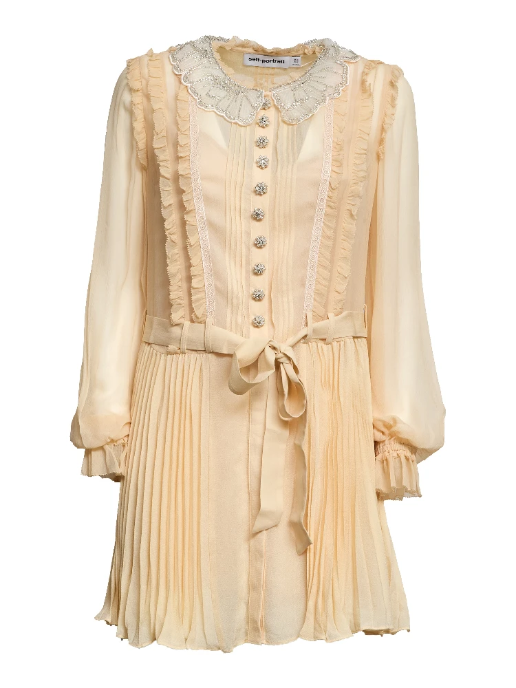 Tan Pleated Georgette Mini Dress