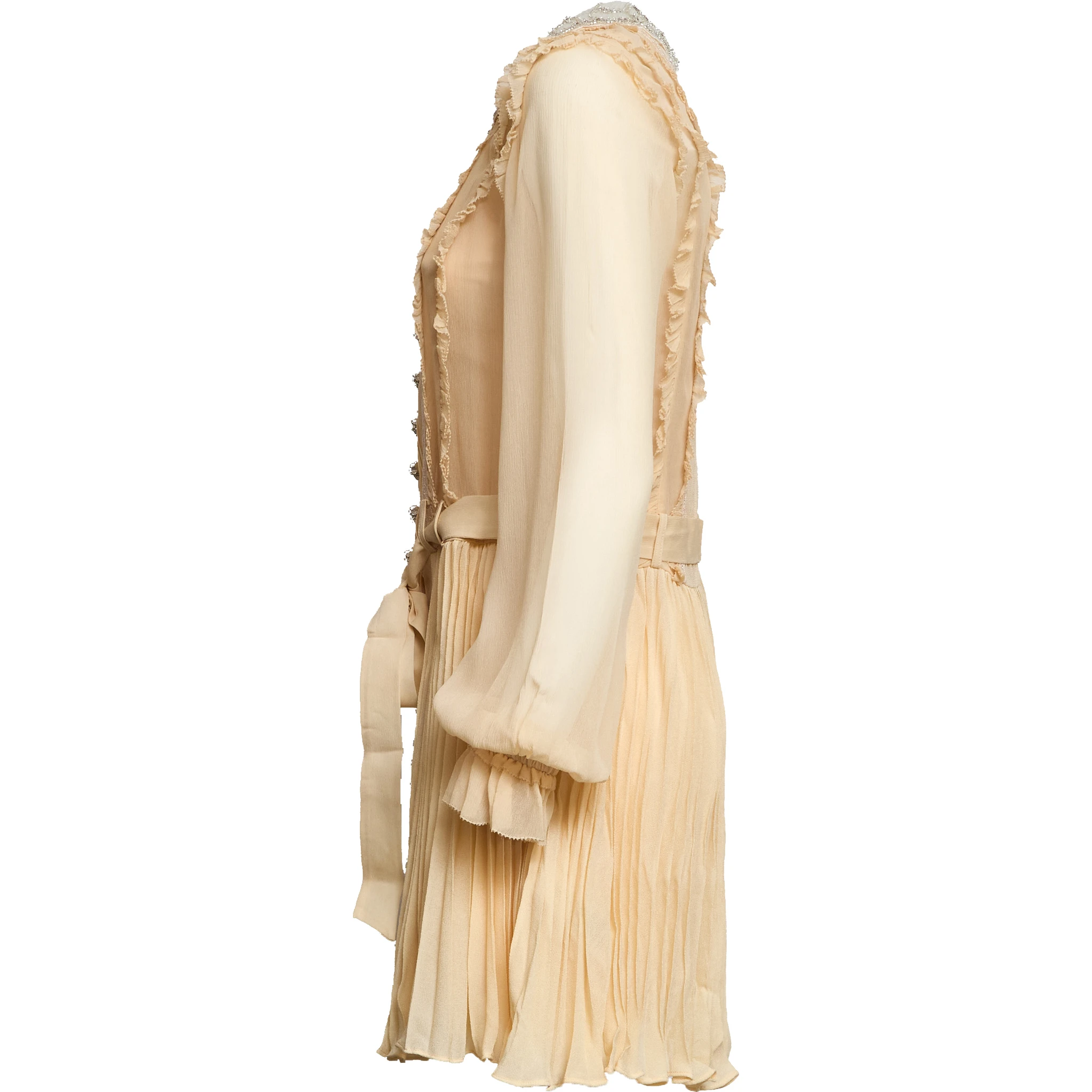 Tan Pleated Georgette Mini Dress