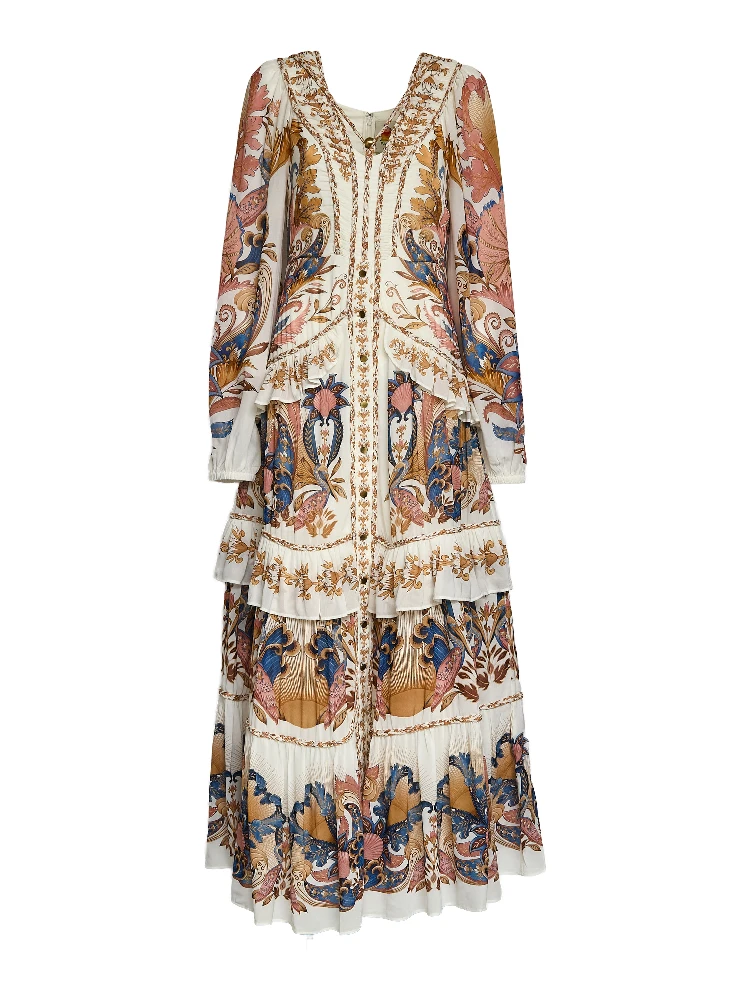 Sea Garden Off-White Braid Details Long Dress