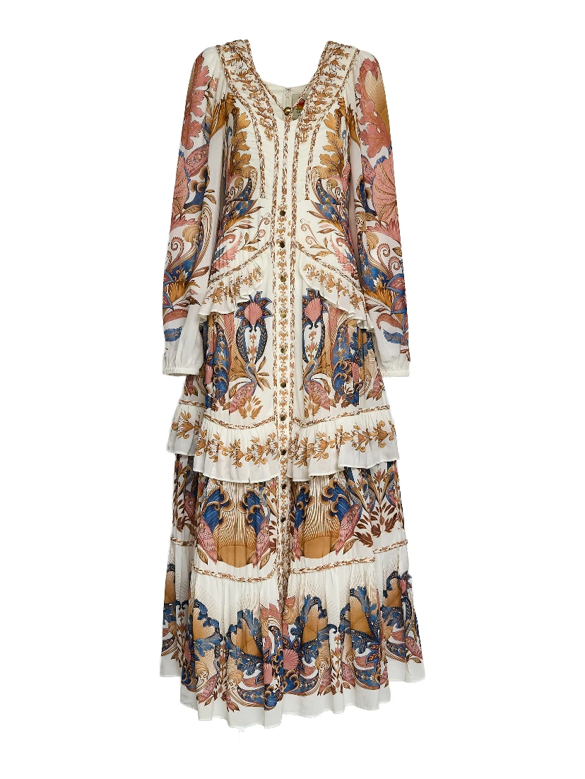 Sea Garden Off-White Braid Details Long Dress