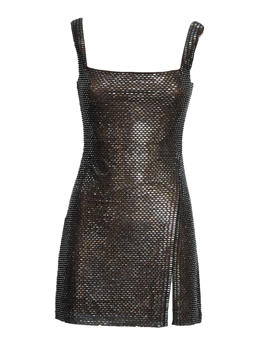 Gunmetal Rhinestone Mesh Mini Dress