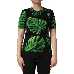 Black Philodendron Print Silk Blouse Top