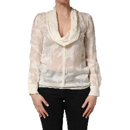 Off White Floral Semi Sheer Silk Blouse Top