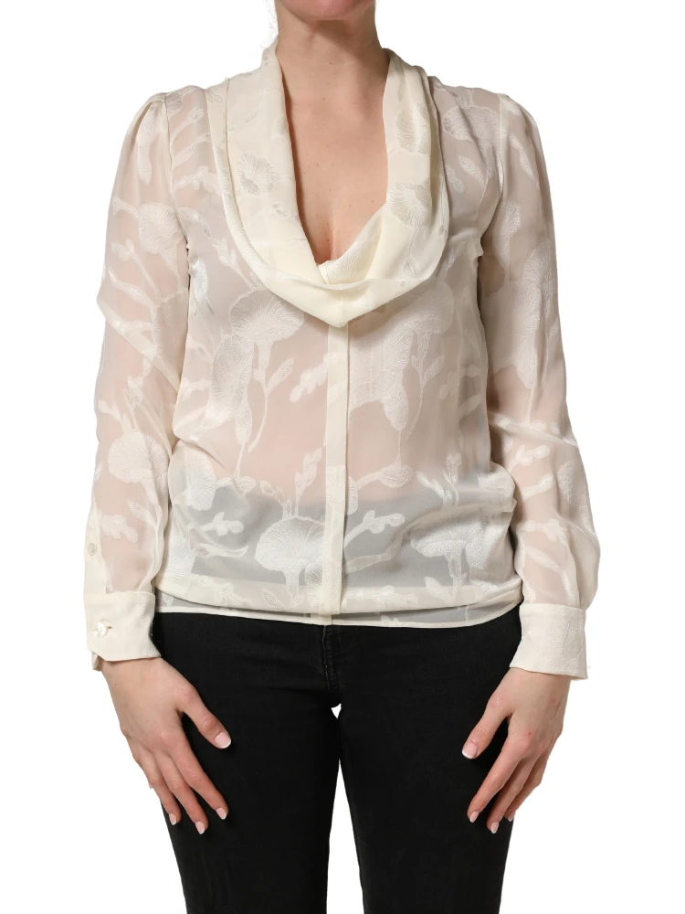 Off White Floral Semi Sheer Silk Blouse Top