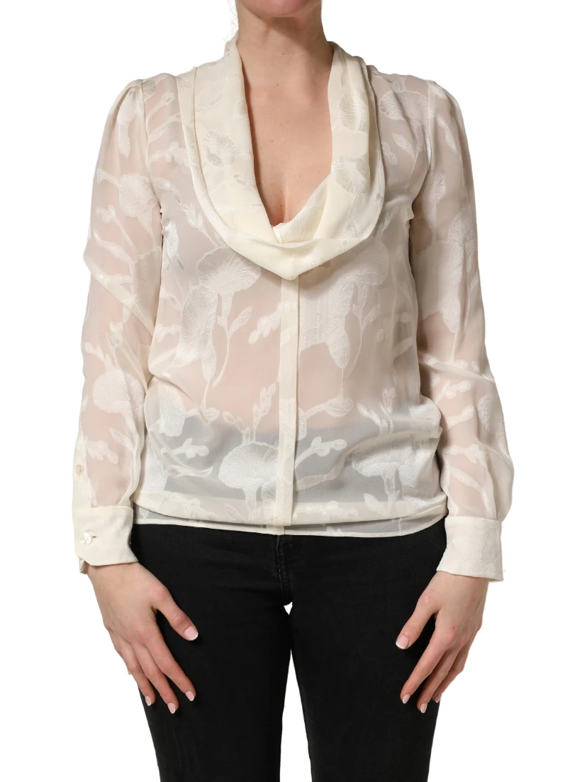 Off White Floral Semi Sheer Silk Blouse Top