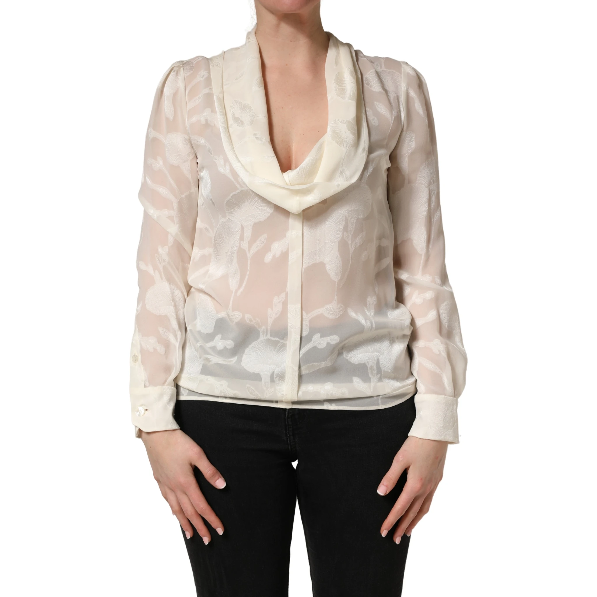 Off White Floral Semi Sheer Silk Blouse Top