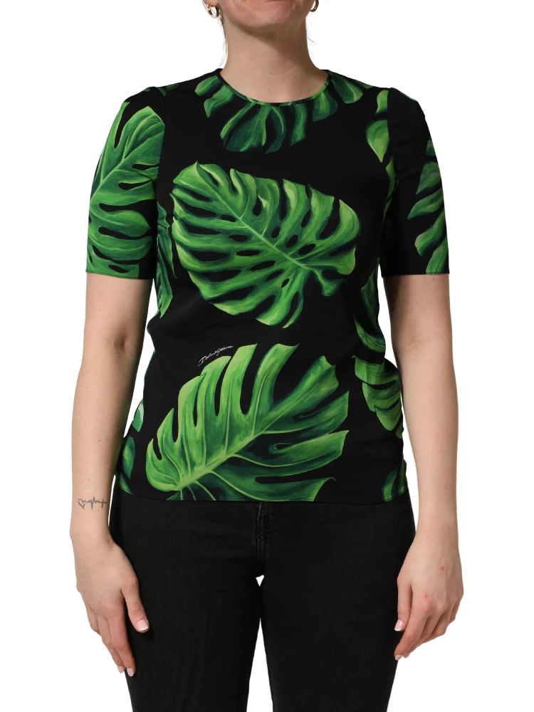 Black Philodendron Print Silk Blouse Top alternative