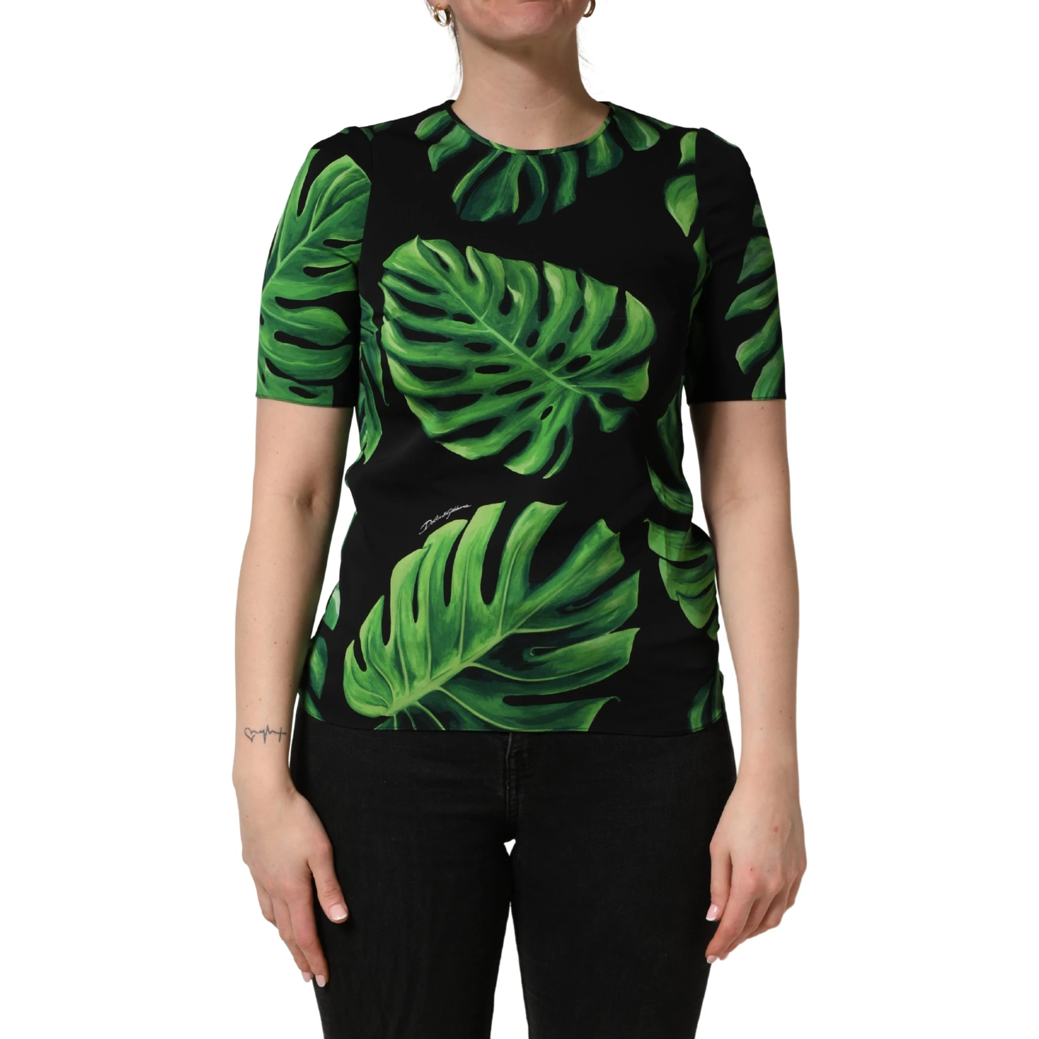 Black Philodendron Print Silk Blouse Top
