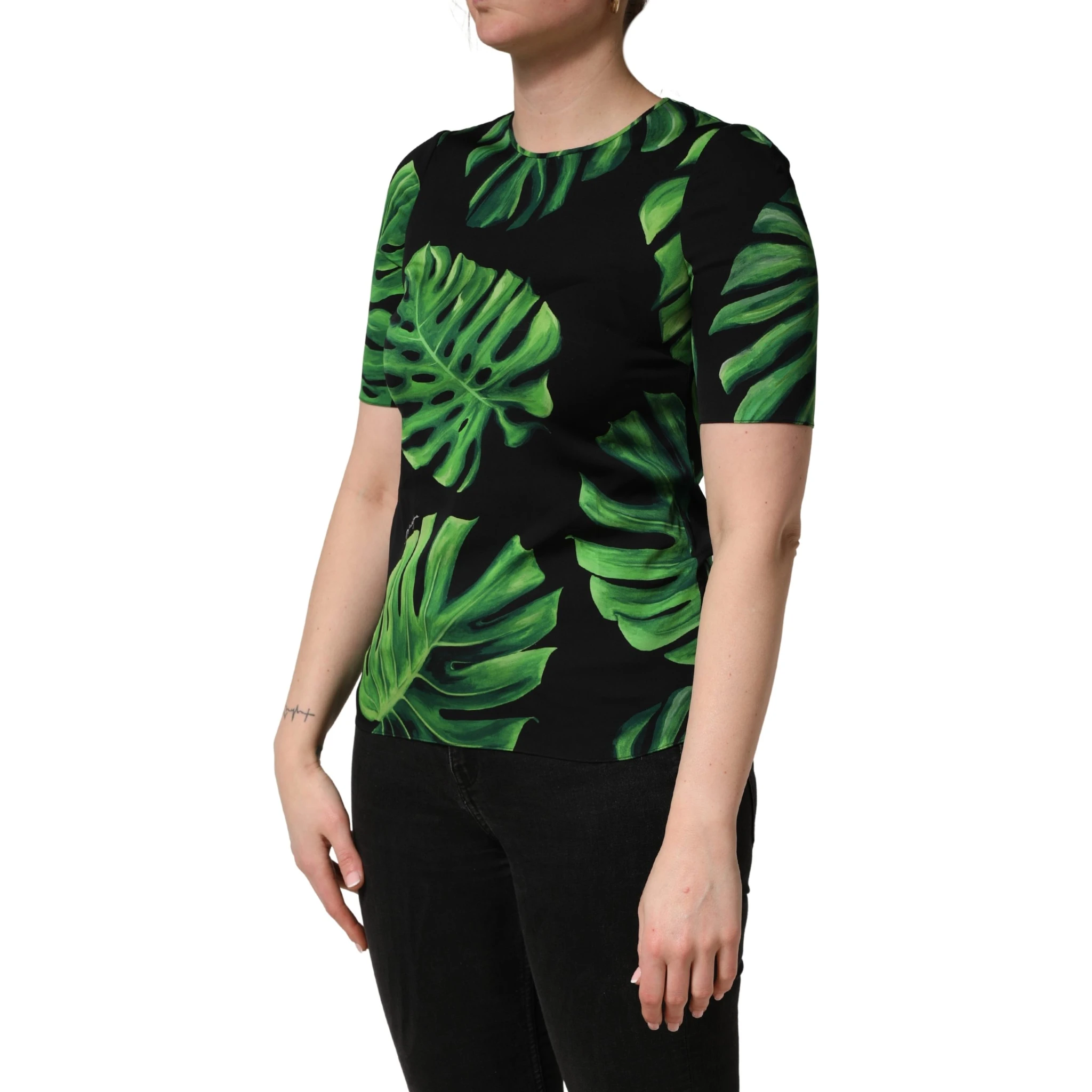 Black Philodendron Print Silk Blouse Top