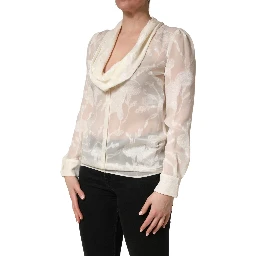 Off White Floral Semi Sheer Silk Blouse Top