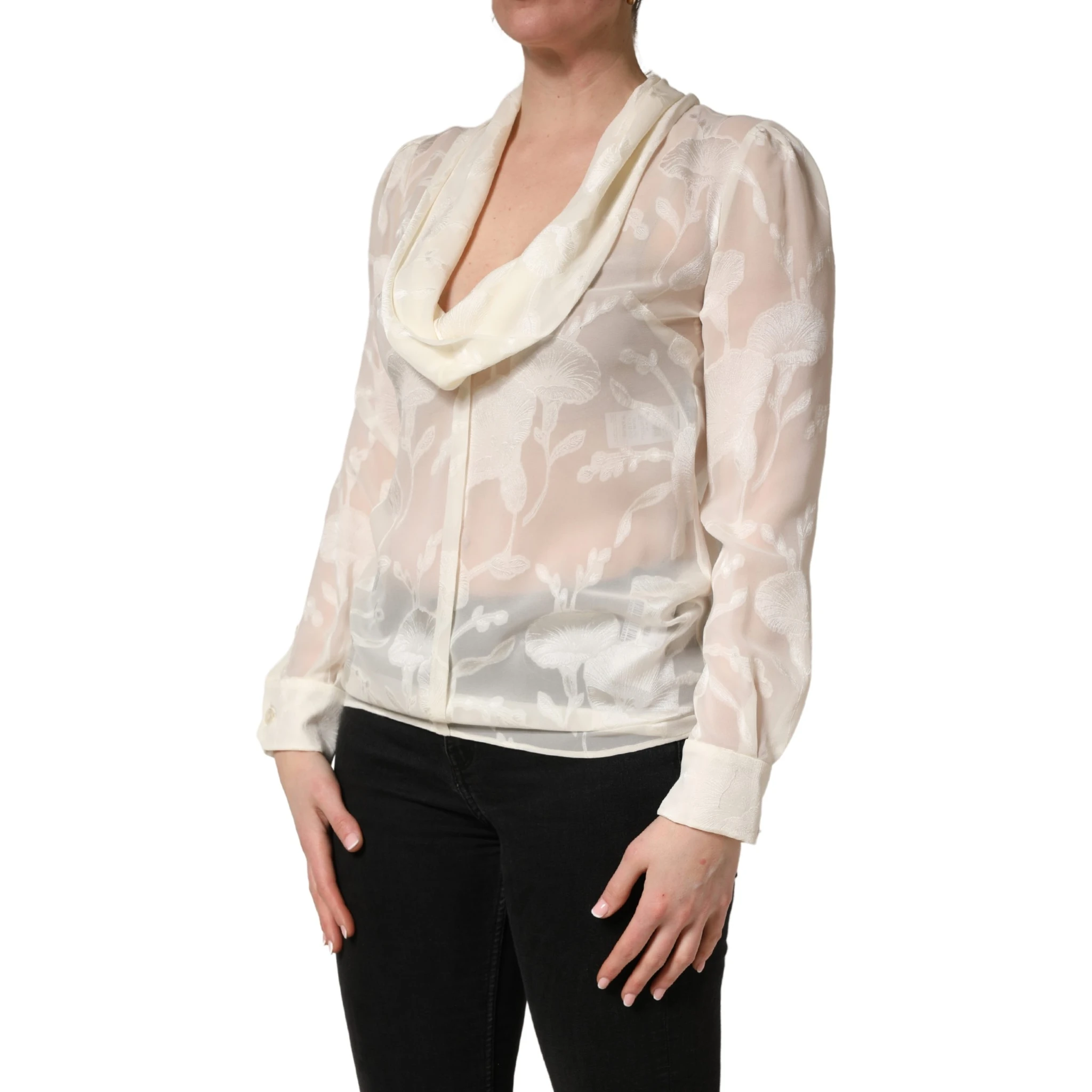 Off White Floral Semi Sheer Silk Blouse Top