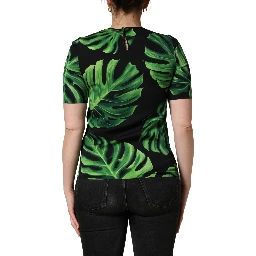 Black Philodendron Print Silk Blouse Top