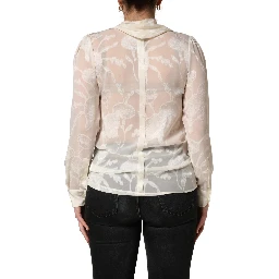 Off White Floral Semi Sheer Silk Blouse Top