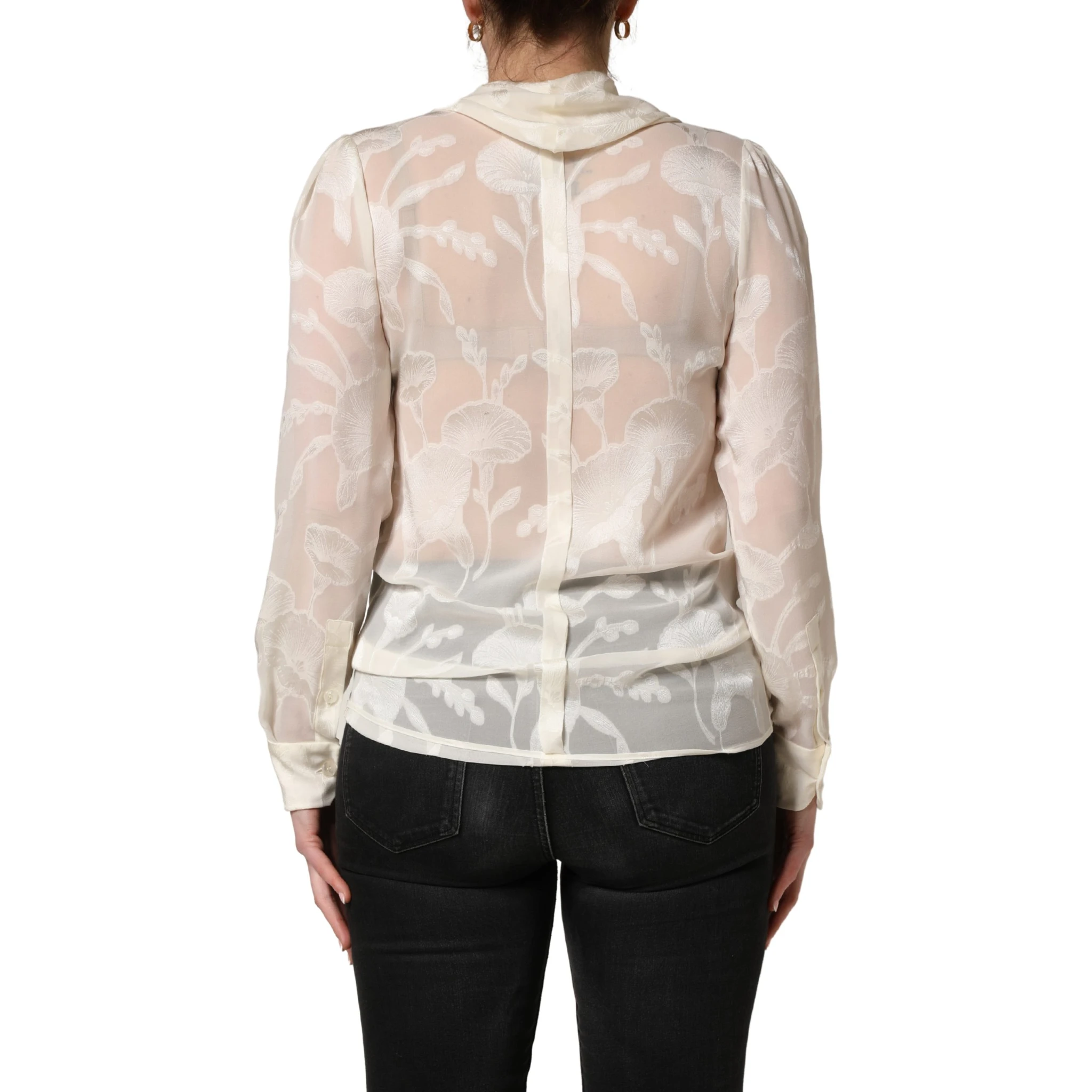 Off White Floral Semi Sheer Silk Blouse Top