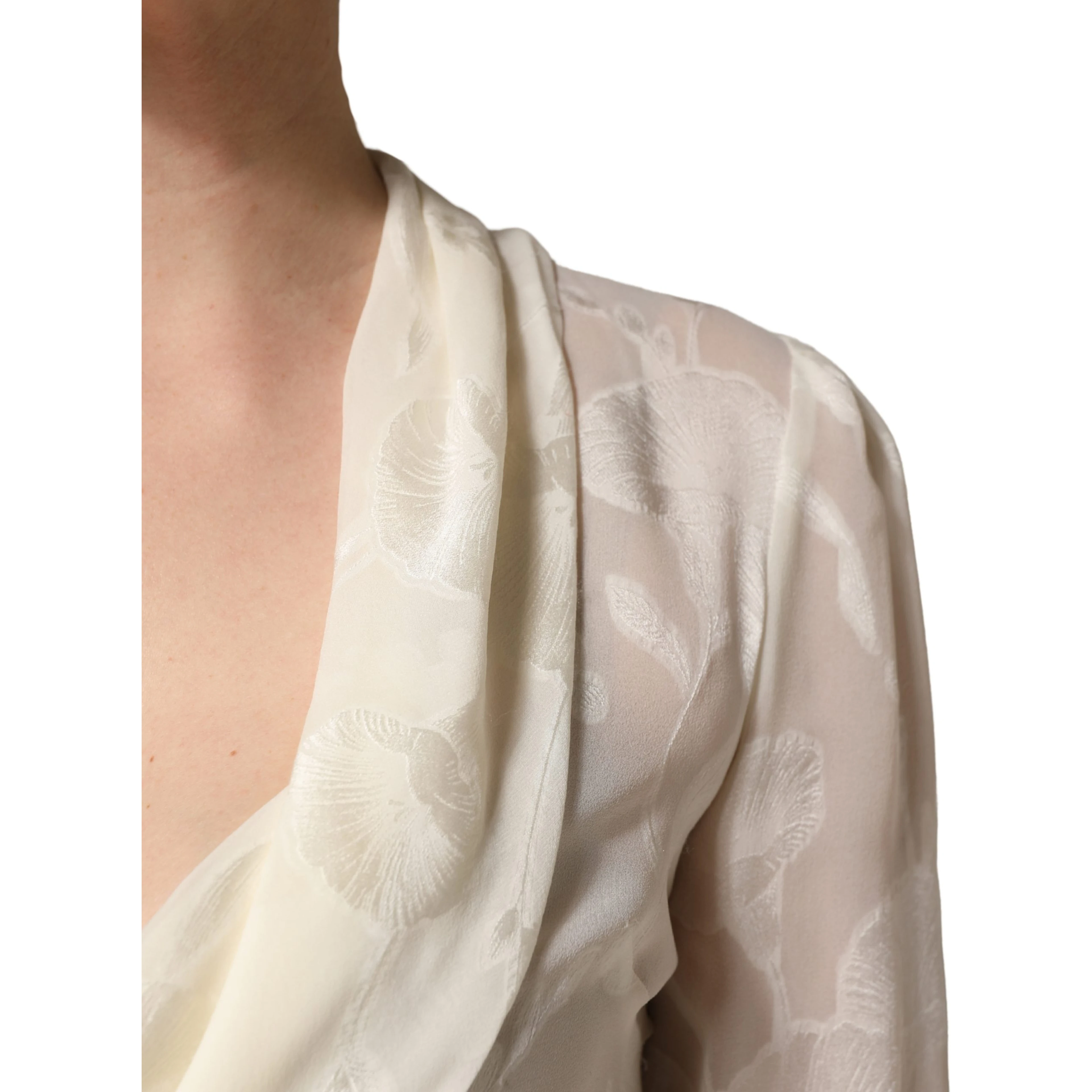 Off White Floral Semi Sheer Silk Blouse Top