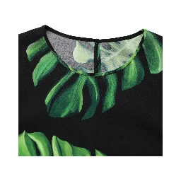 Black Philodendron Print Silk Blouse Top