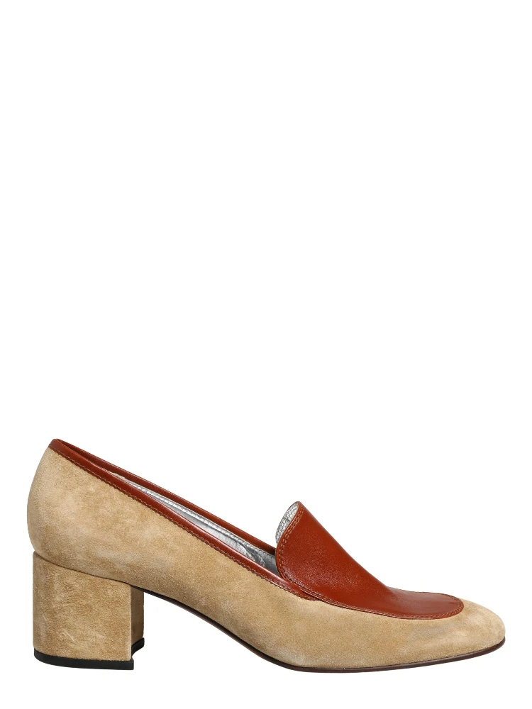 Beige Leather Suede Block Heel Loafers Shoes
