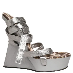 Silver Leather Platform Wedge Sandals Shoes