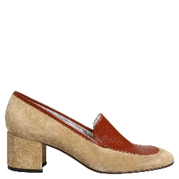 Beige Leather Suede Block Heel Loafers Shoes