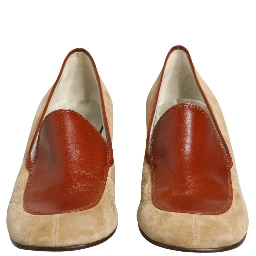Beige Leather Suede Block Heel Loafers Shoes