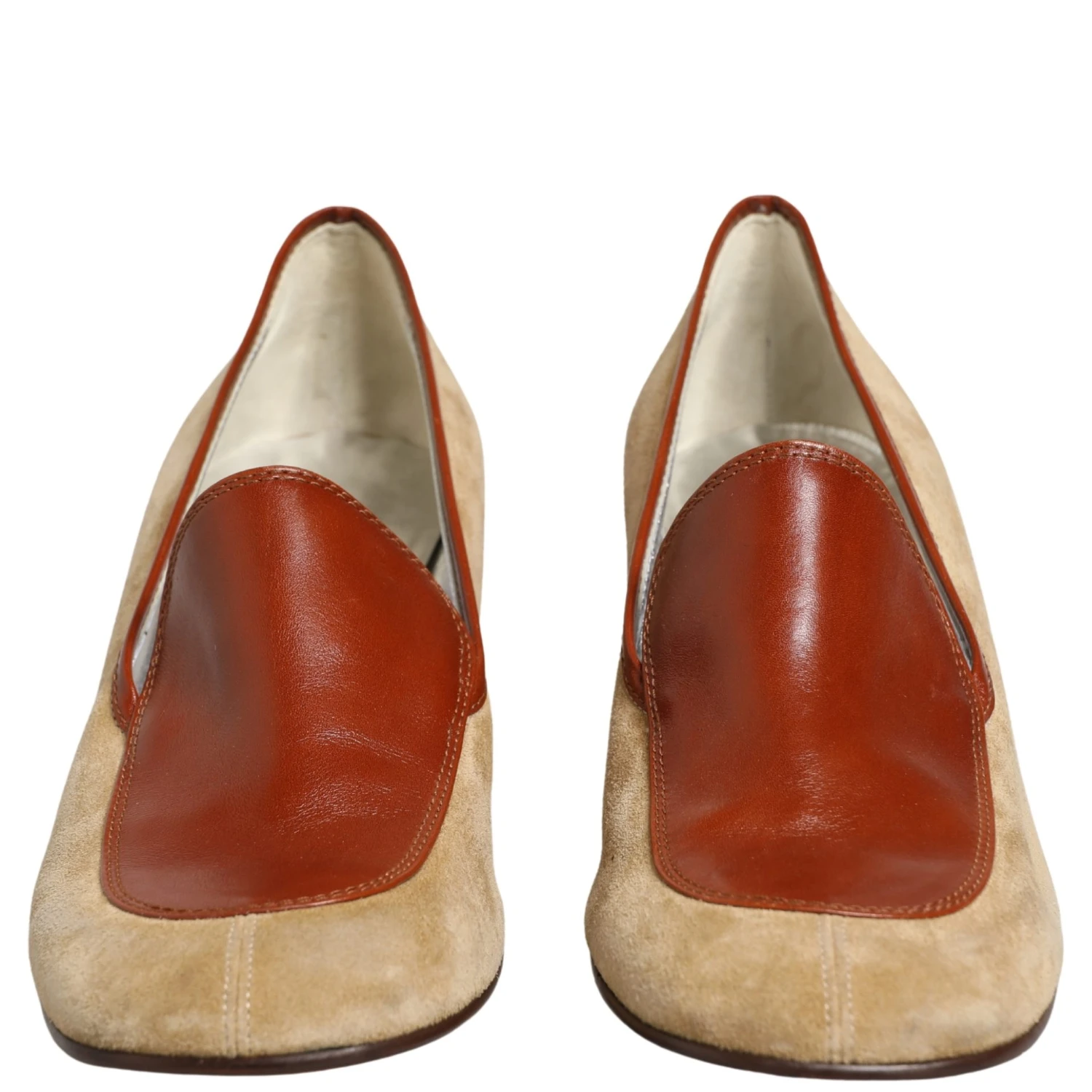 Beige Leather Suede Block Heel Loafers Shoes