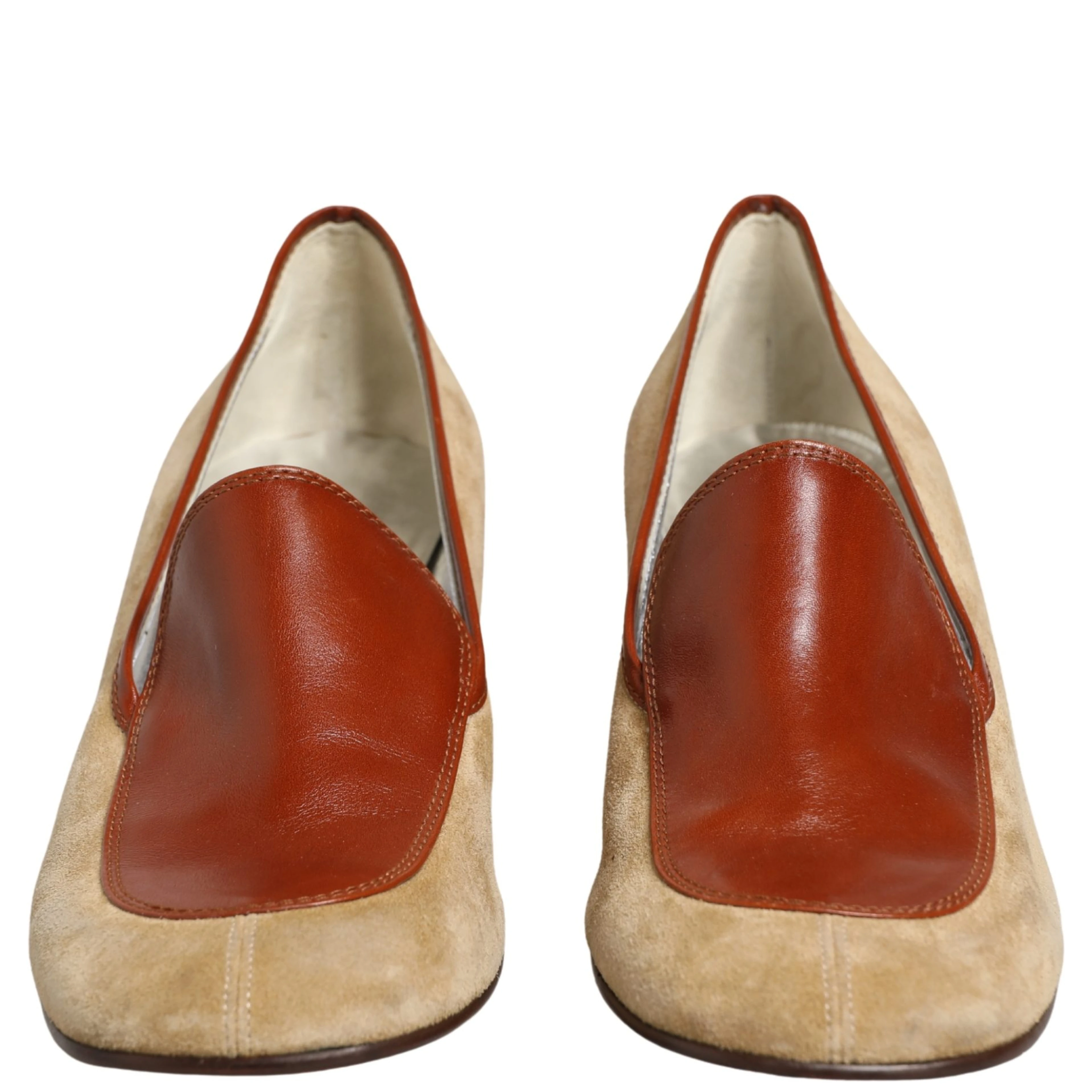 Beige Leather Suede Block Heel Loafers Shoes
