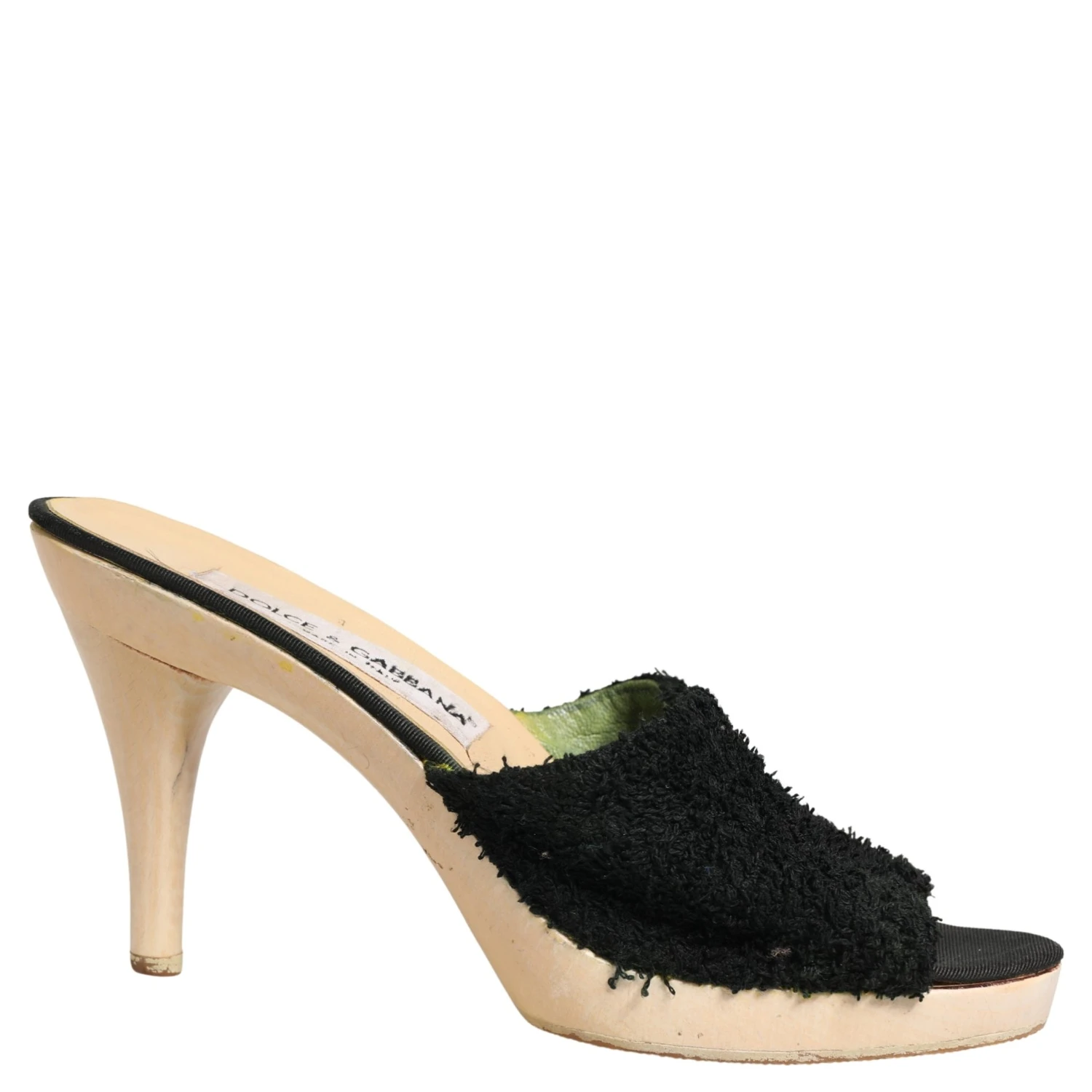 Black Fabric Fur Mule Wood Platform Heel Shoes