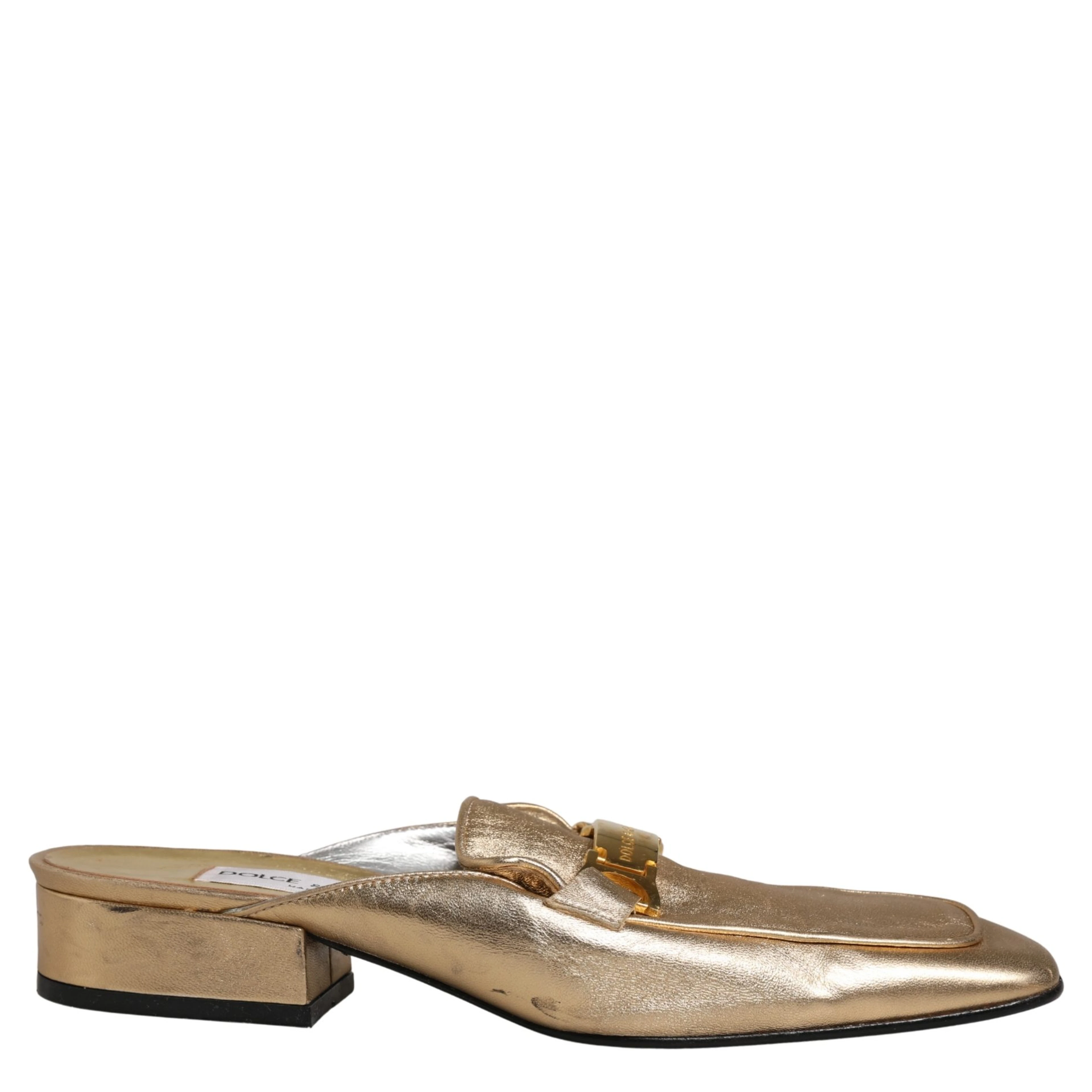 Gold Leather Flats Slides Mule Loafers Shoes