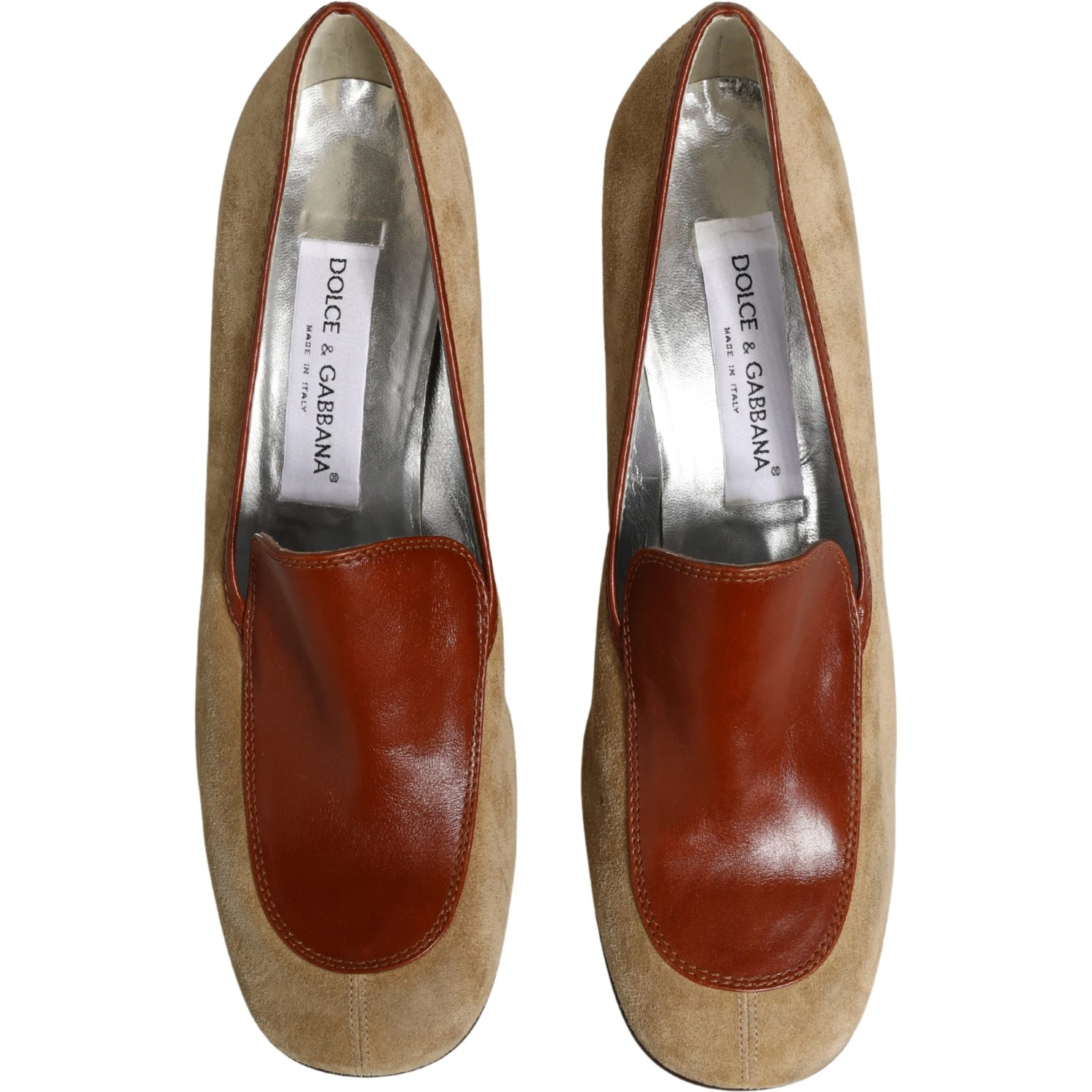 Beige Leather Suede Block Heel Loafers Shoes
