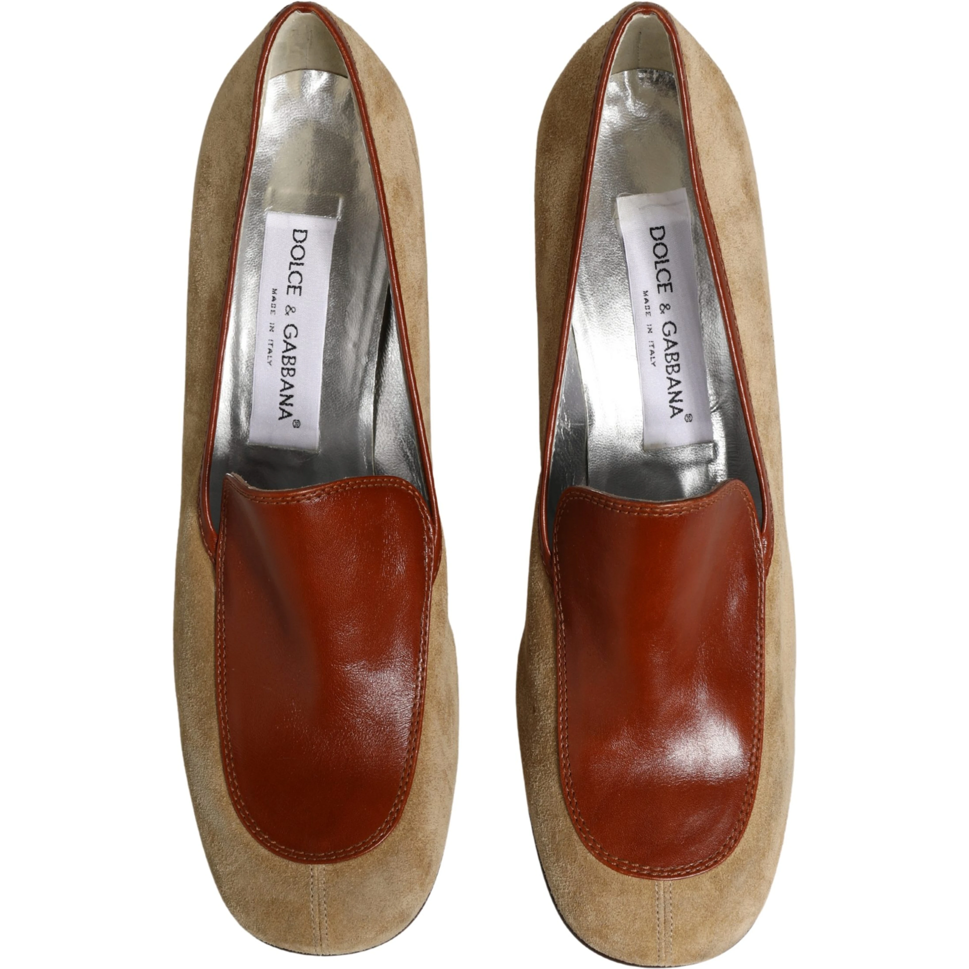 Beige Leather Suede Block Heel Loafers Shoes