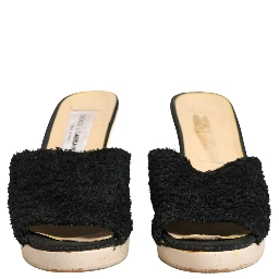Black Fabric Fur Mule Wood Platform Heel Shoes