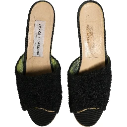 Black Fabric Fur Mule Wood Platform Heel Shoes