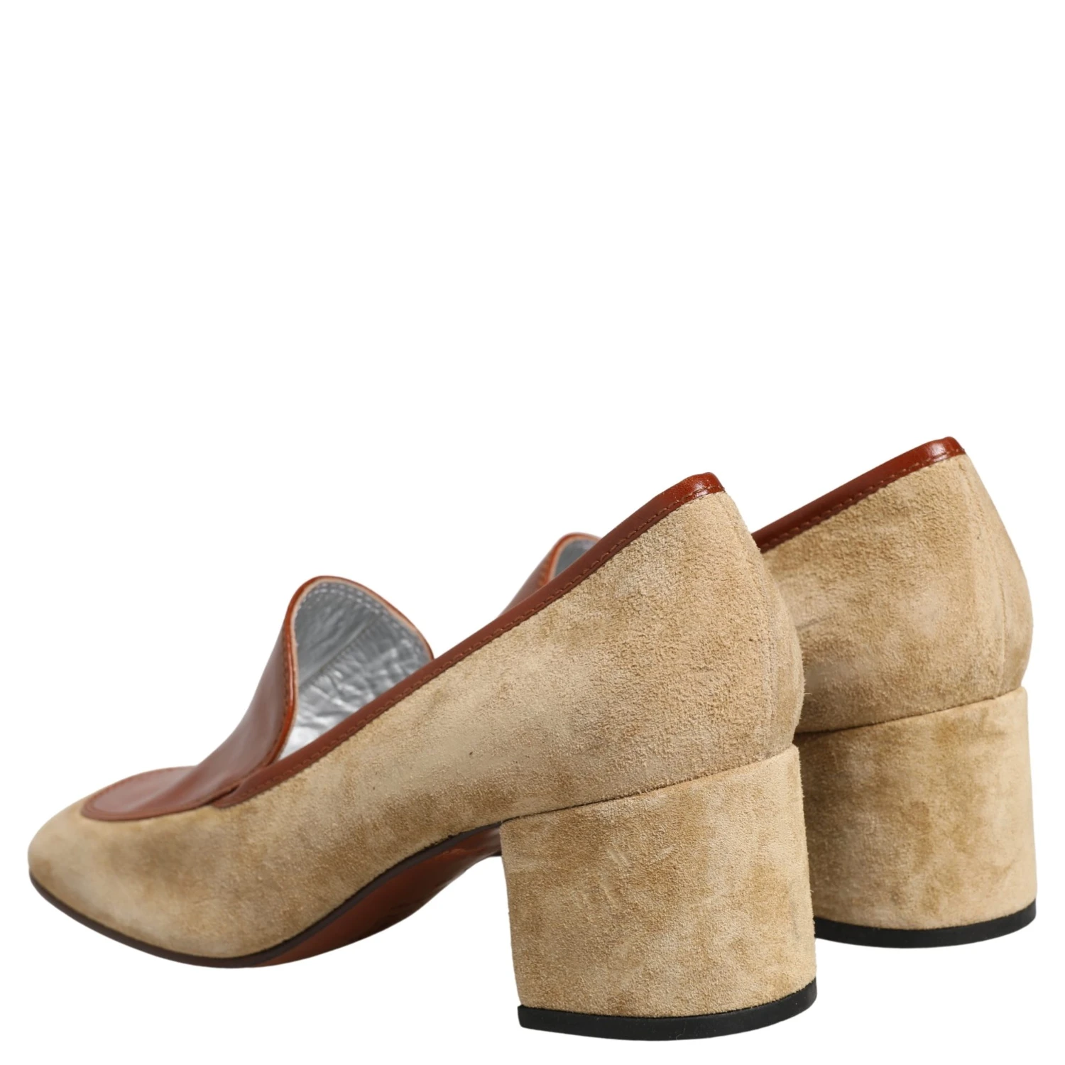 Beige Leather Suede Block Heel Loafers Shoes